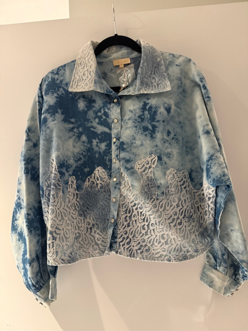 Light Blue Tie-Dye Lace Trim Denim Jacket